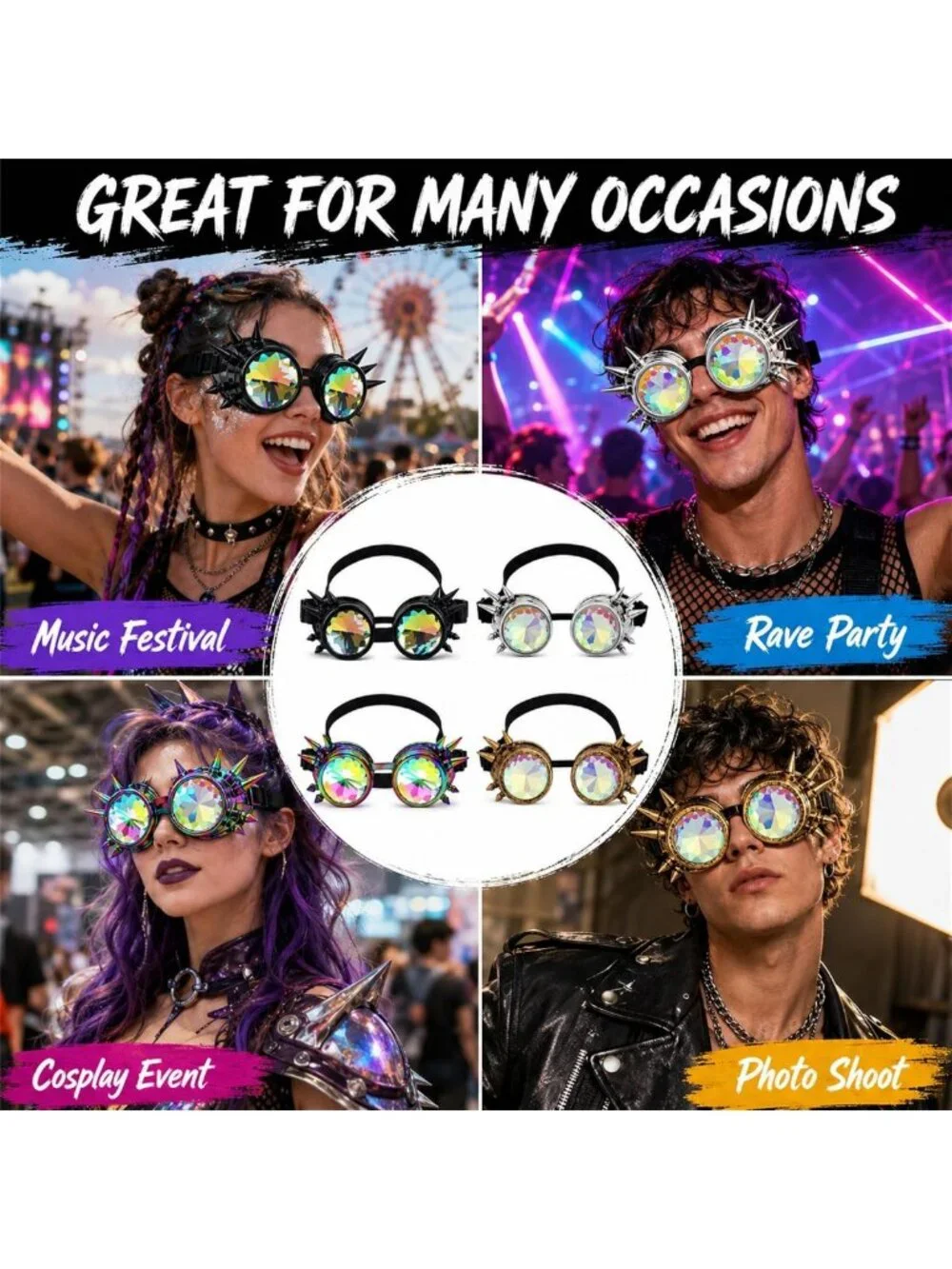 Kaleidoscope Spiked Goggles with Adjustable Straps | Crystal Lenses for Cosplay